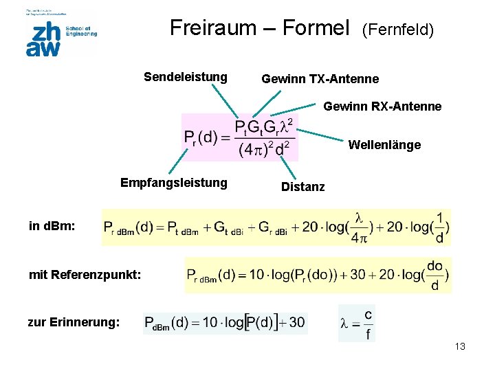 Freiraum – Formel Sendeleistung (Fernfeld) Gewinn TX-Antenne Gewinn RX-Antenne Wellenlänge Empfangsleistung Distanz in d.