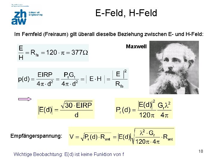 E-Feld, H-Feld Im Fernfeld (Freiraum) gilt überall dieselbe Beziehung zwischen E- und H-Feld: Maxwell