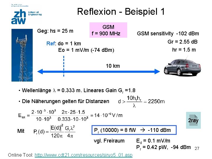 Reflexion - Beispiel 1 Geg: hs = 25 m GSM f = 900 MHz