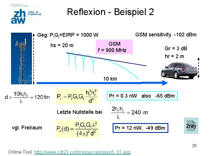 Reflexion - Beispiel 2 GSM sensitivity -102 d. Bm Geg: Pt. Gt=EIRP = 1000