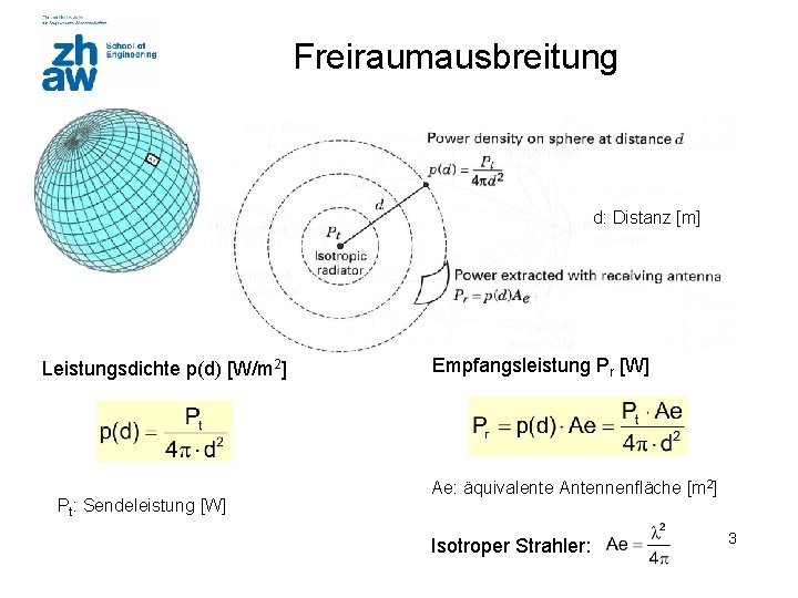 Freiraumausbreitung d: Distanz [m] Leistungsdichte p(d) [W/m 2] Pt: Sendeleistung [W] Empfangsleistung Pr [W]