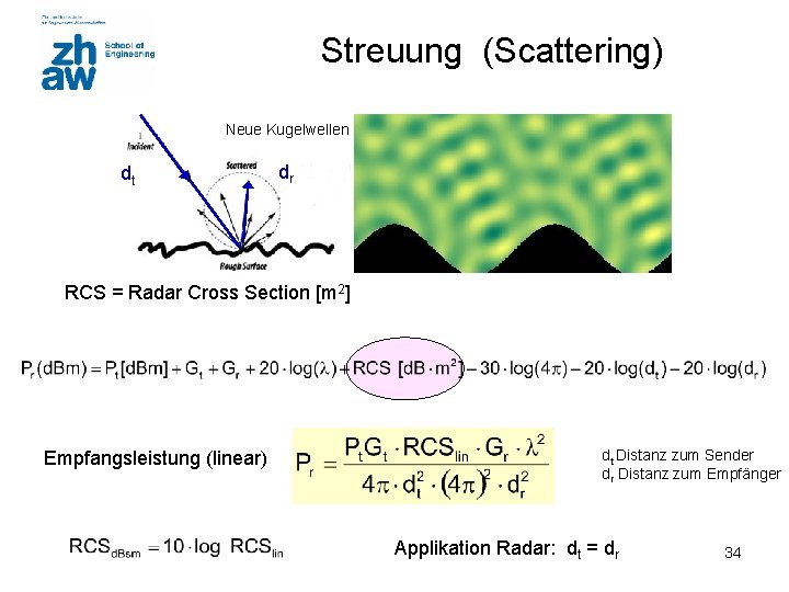 Streuung (Scattering) Neue Kugelwellen dt dr RCS = Radar Cross Section [m 2] Empfangsleistung