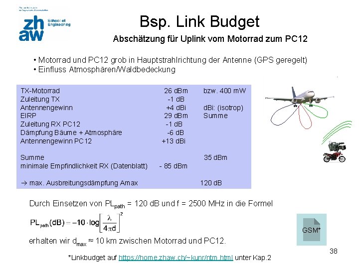 Bsp. Link Budget Abschätzung für Uplink vom Motorrad zum PC 12 • Motorrad und