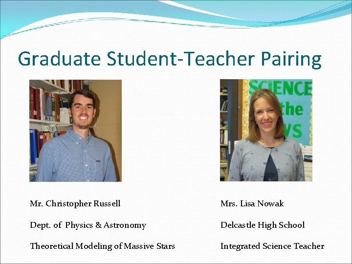 Graduate Student-Teacher Pairing Mr. Christopher Russell Mrs. Lisa Nowak Dept. of Physics & Astronomy