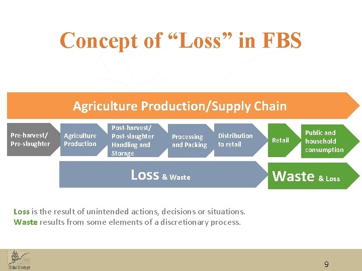 Concept of “Loss” in FBS Agriculture Production/Supply Chain Pre-harvest/ Pre-slaughter Agriculture Production Post-harvest/ Post-slaughter