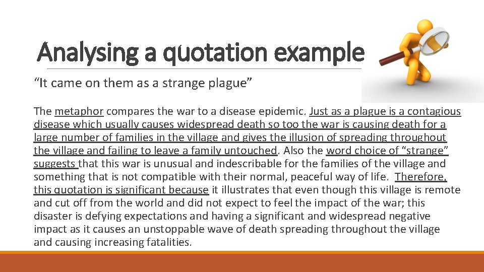 Analysing a quotation example “It came on them as a strange plague” The metaphor