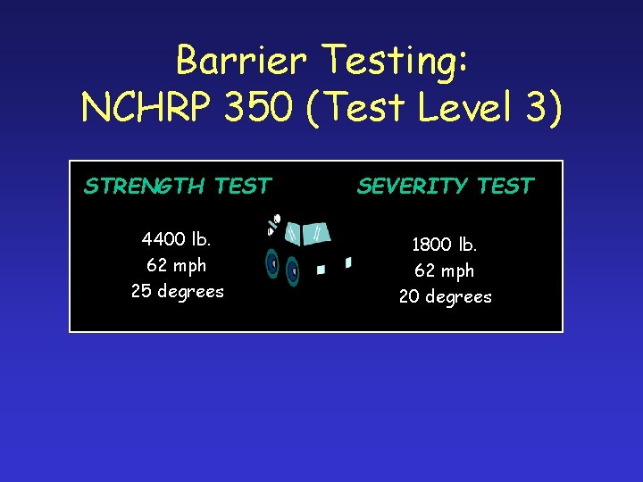 Barrier Testing: NCHRP 350 (Test Level 3) STRENGTH TEST SEVERITY TEST 4400 lb. 62