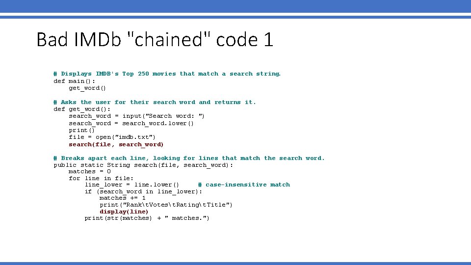 Bad IMDb "chained" code 1 # Displays IMDB's Top 250 movies that match a