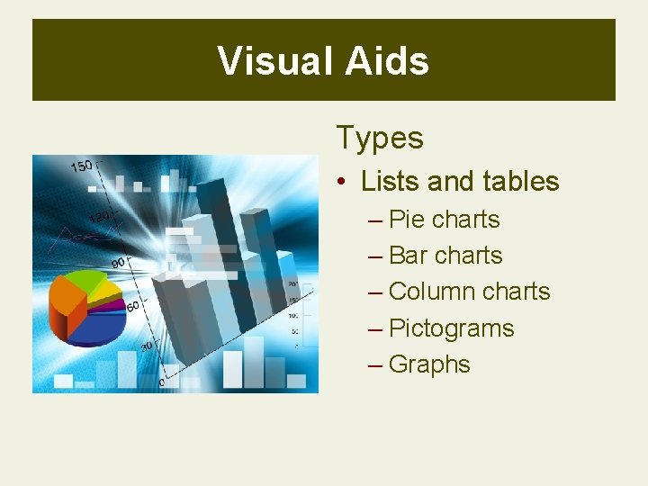 Visual Aids Types • Lists and tables – Pie charts – Bar charts – Visual Aids Types • Lists and tables – Pie charts – Bar charts –