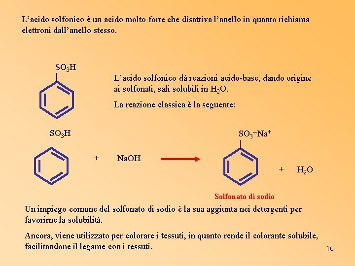 L’acido solfonico è un acido molto forte che disattiva l’anello in quanto richiama elettroni