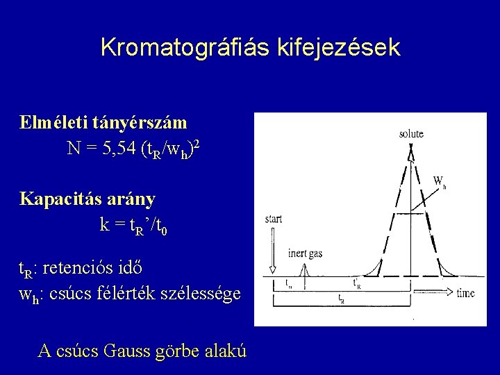 Kromatográfiás kifejezések Elméleti tányérszám N = 5, 54 (t. R/wh)2 Kapacitás arány k = Kromatográfiás kifejezések Elméleti tányérszám N = 5, 54 (t. R/wh)2 Kapacitás arány k =