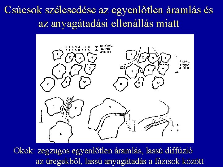 Csúcsok szélesedése az egyenlőtlen áramlás és az anyagátadási ellenállás miatt Okok: zegzugos egyenlőtlen áramlás, Csúcsok szélesedése az egyenlőtlen áramlás és az anyagátadási ellenállás miatt Okok: zegzugos egyenlőtlen áramlás,