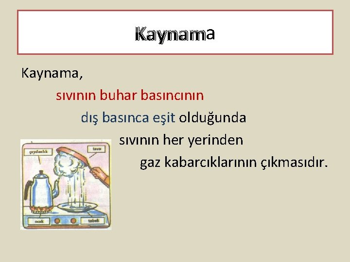 Kaynama, sıvının buhar basıncının dış basınca eşit olduğunda sıvının her yerinden gaz kabarcıklarının çıkmasıdır.