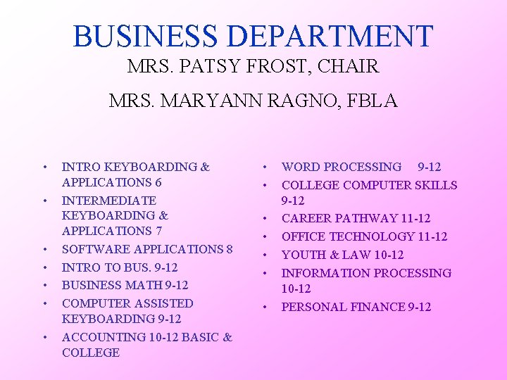 BUSINESS DEPARTMENT MRS. PATSY FROST, CHAIR MRS. MARYANN RAGNO, FBLA • • INTRO KEYBOARDING