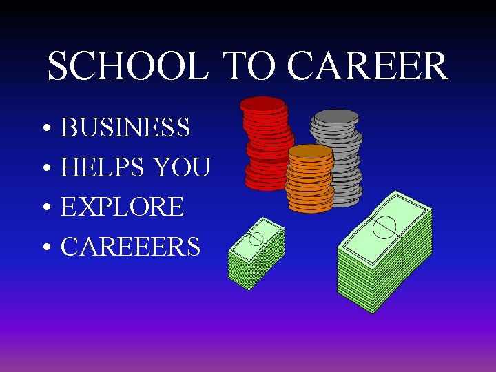 SCHOOL TO CAREER • • BUSINESS HELPS YOU EXPLORE CAREEERS 