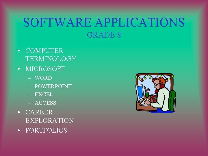 SOFTWARE APPLICATIONS GRADE 8 • COMPUTER TERMINOLOGY • MICROSOFT – – WORD POWERPOINT EXCEL