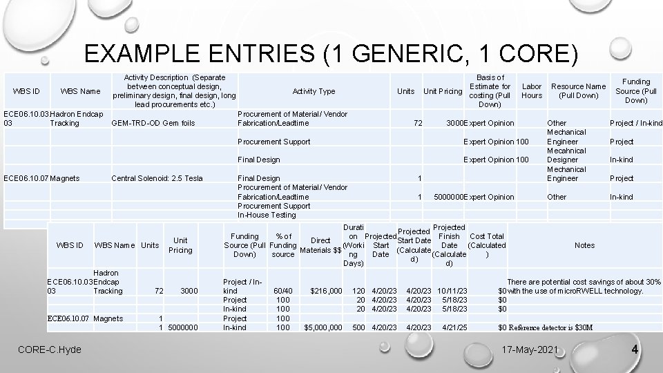 EXAMPLE ENTRIES (1 GENERIC, 1 CORE) WBS ID WBS Name ECE 06. 10. 03.