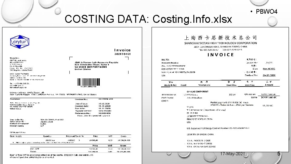 COSTING DATA: Costing. Info. xlsx CORE-C. Hyde 17 -May-2021 • PBWO 4 5 