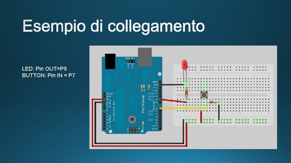 LED: Pin OUT=P 9 BUTTON: Pin IN = P 7 