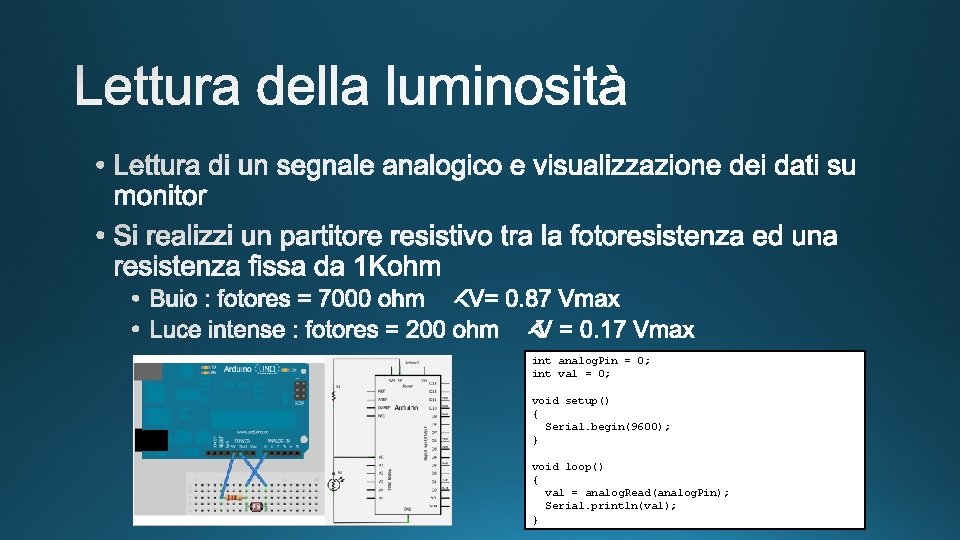 int analog. Pin = 0; int val = 0; void setup() { Serial. begin(9600);