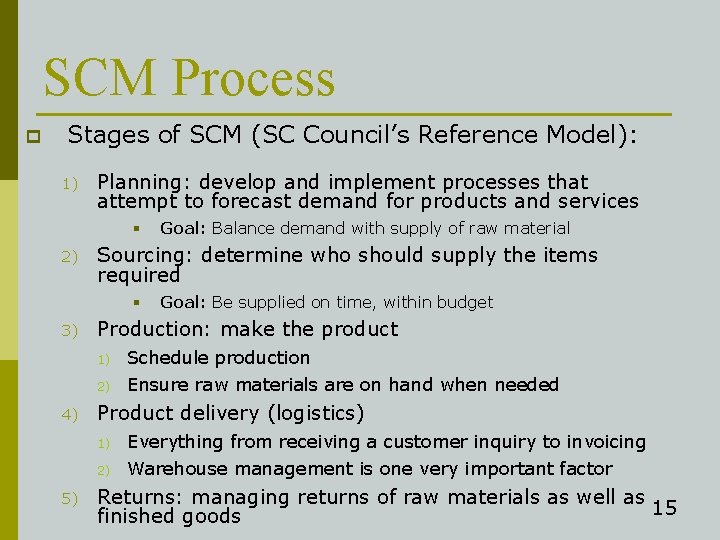 SCM Process p Stages of SCM (SC Council’s Reference Model): 1) Planning: develop and