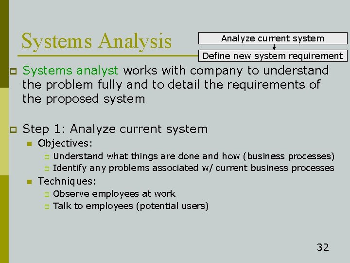 Systems Analysis Analyze current system Define new system requirement p Systems analyst works with