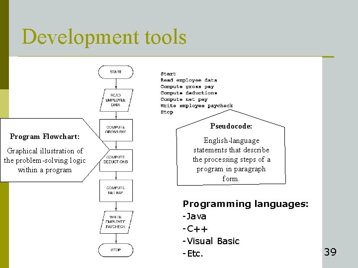 Development tools Pseudocode: Program Flowchart: Graphical illustration of the problem-solving logic within a program