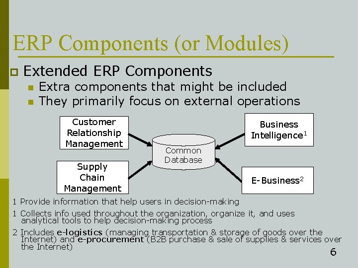 ERP Components (or Modules) p Extended ERP Components n n Extra components that might