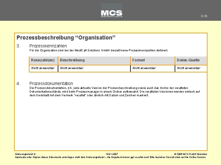 3/8 Prozessbeschreibung “Organisation” 3. Prozesskennzahlen Für die Organisation sind bei der Medi. Call-Solutions Gmb.