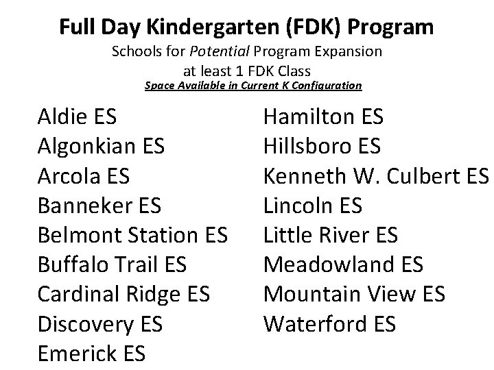 Full Day Kindergarten (FDK) Program Schools for Potential Program Expansion at least 1 FDK