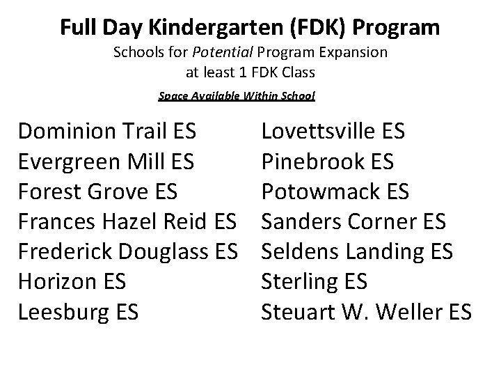 Full Day Kindergarten (FDK) Program Schools for Potential Program Expansion at least 1 FDK