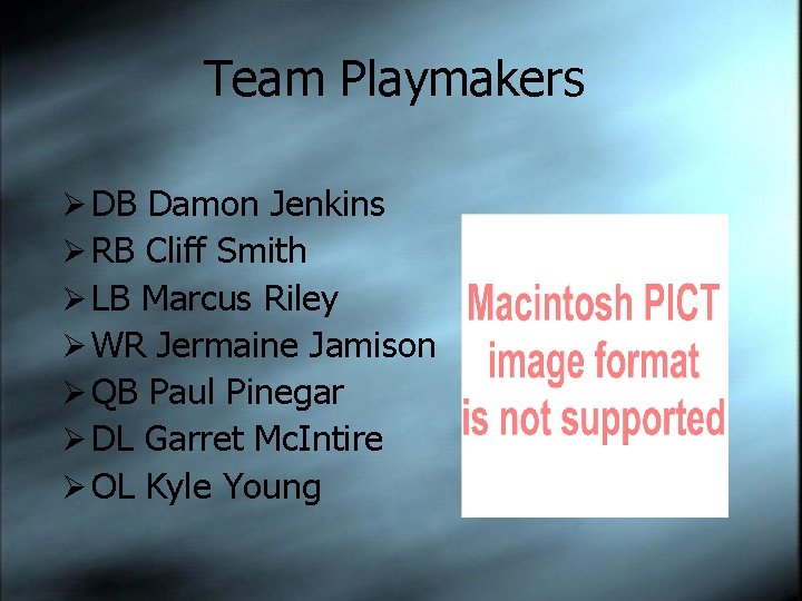 Team Playmakers Ø DB Damon Jenkins Ø RB Cliff Smith Ø LB Marcus Riley