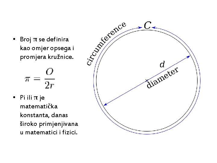  • Broj π se definira kao omjer opsega i promjera kružnice. • Pi