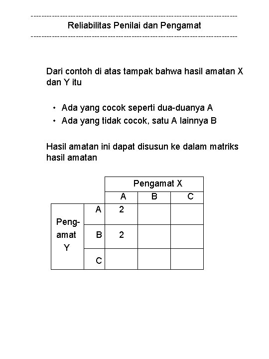 --------------------------------------- Reliabilitas Penilai dan Pengamat --------------------------------------- Dari contoh di atas tampak bahwa hasil amatan