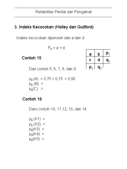 ---------------------------------------Reliabilitas Penilai dan Pengamat --------------------------------------- 3. Indeks Kecocokan (Holley dan Guilford) Indeks kecocokan diperoleh