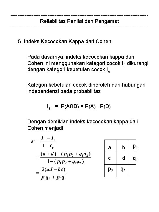 ---------------------------------------Reliabilitas Penilai dan Pengamat ---------------------------------------5. Indeks Kecocokan Kappa dari Cohen Pada dasarnya, indeks kecocokan