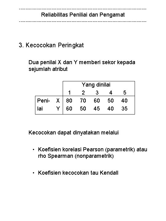 --------------------------------------- Reliabilitas Peniliai dan Pengamat --------------------------------------- 3. Kecocokan Peringkat Dua penilai X dan Y