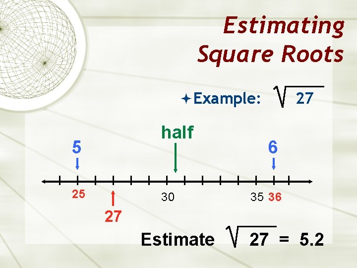 Estimating Square Roots Example: half 5 25 30 27 6 35 36 27 Estimate