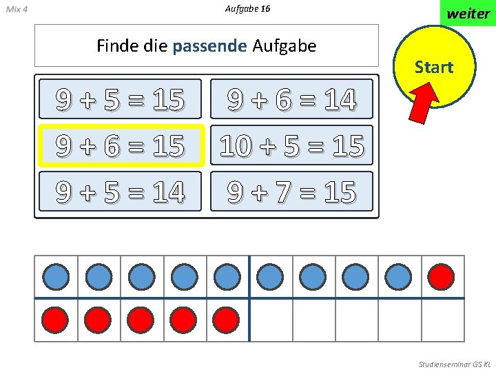 Aufgabe 16 Finde die passende Aufgabe weiter Start 9 + 5 = 15 9