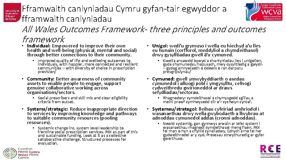 Fframwaith canlyniadau Cymru gyfan-tair egwyddor a fframwaith canlyniadau All Wales Outcomes Framework- three principles