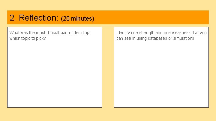 2. Reflection: (20 minutes) What was the most difficult part of deciding which topic
