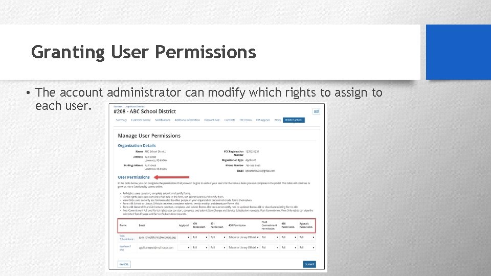 Granting User Permissions • The account administrator can modify which rights to assign to