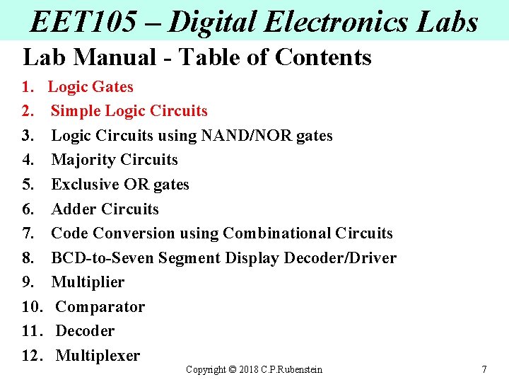 EET 105 – Digital Electronics Lab Manual - Table of Contents 1. Logic Gates