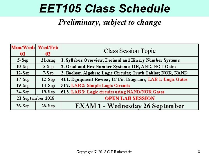 EET 105 Class Schedule Preliminary, subject to change Mon/Wed: Wed/Fri: 01 02 5 -Sep