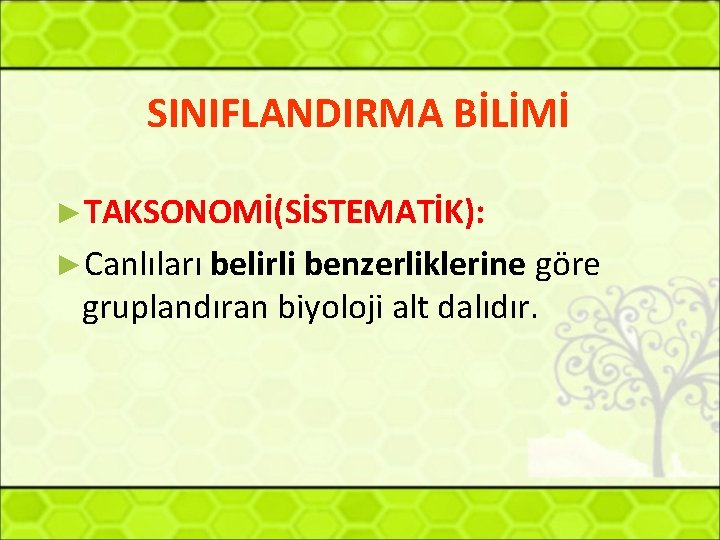 SINIFLANDIRMA BİLİMİ ►TAKSONOMİ(SİSTEMATİK): ►Canlıları belirli benzerliklerine göre gruplandıran biyoloji alt dalıdır. 