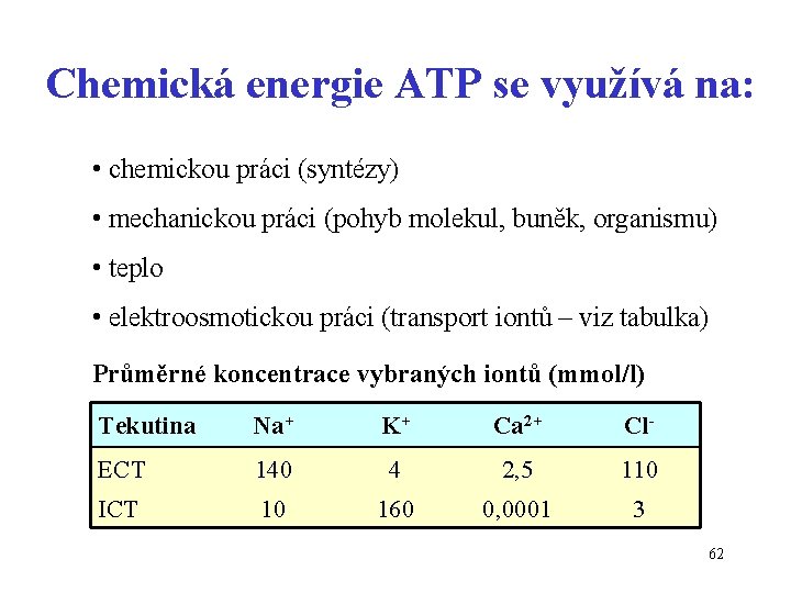 Chemická energie ATP se využívá na: • chemickou práci (syntézy) • mechanickou práci (pohyb