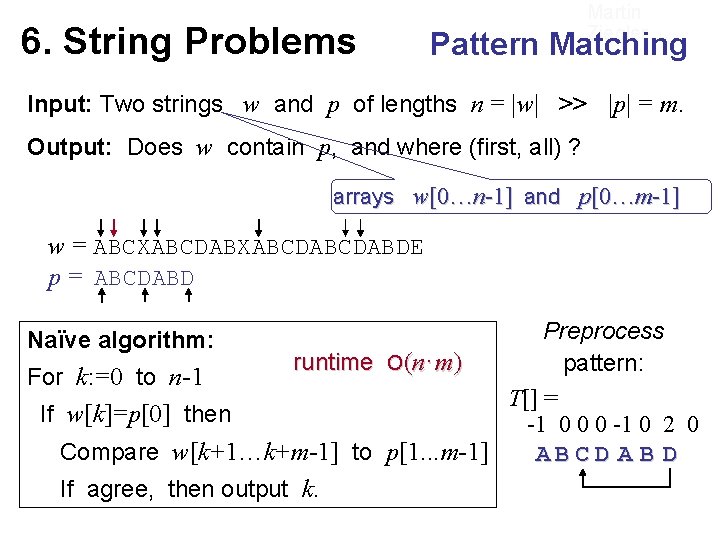 6. String Problems Martin Ziegler Pattern Matching Input: Two strings w and p of 6. String Problems Martin Ziegler Pattern Matching Input: Two strings w and p of