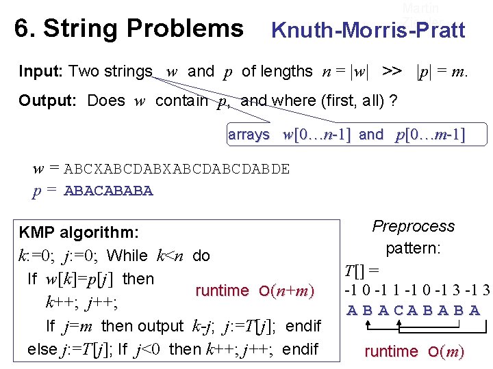 6. String Problems Martin Ziegler Knuth-Morris-Pratt Input: Two strings w and p of lengths 6. String Problems Martin Ziegler Knuth-Morris-Pratt Input: Two strings w and p of lengths