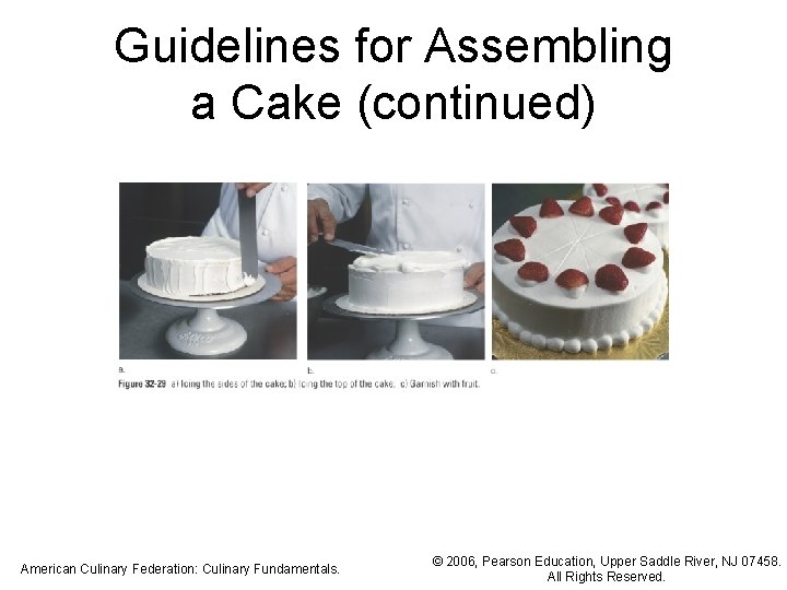 Guidelines for Assembling a Cake (continued) American Culinary Federation: Culinary Fundamentals. © 2006, Pearson