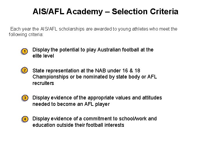 AIS/AFL Academy – Selection Criteria Each year the AIS/AFL scholarships are awarded to young